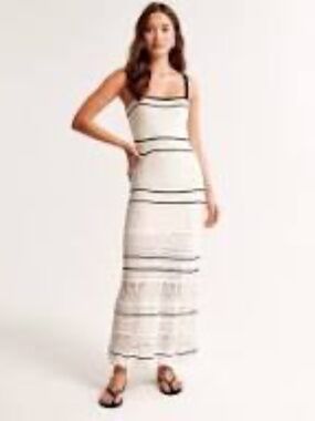 Abercrombie Women's Cream Crochet Maxi Dress with Black Trim